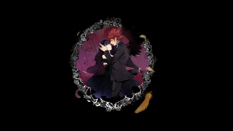 Two Anime Characters Hugging — Black, Dramatic, Night, Feathers
