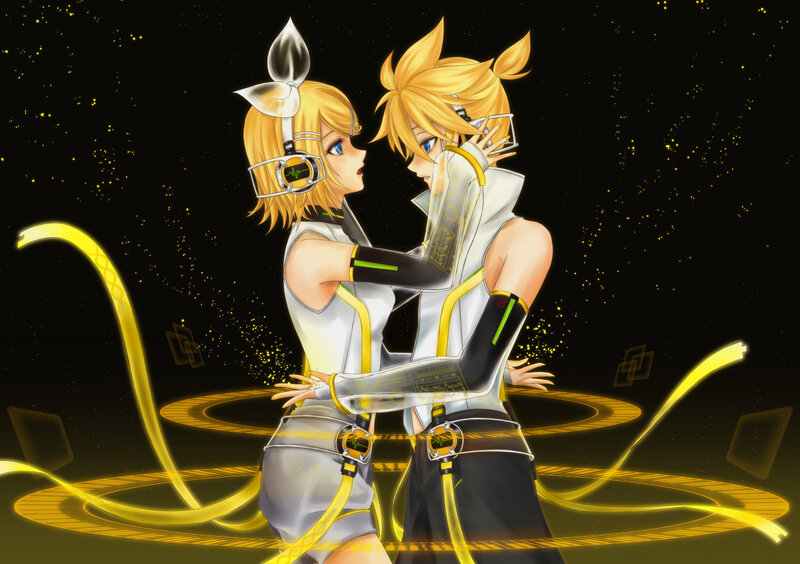Two Anime Characters Hugging — Black, Dramatic, Night, Headphones
