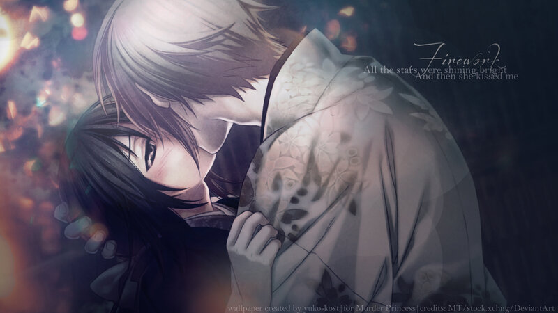 Two Anime Characters Hugging — Black, Romantic, Night, Fireworks