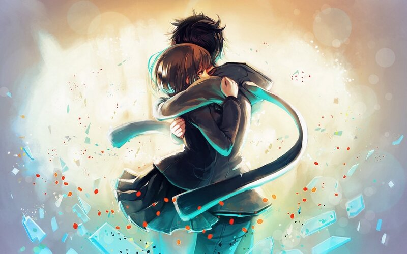 Two Anime Characters Hugging — Blue, Dramatic, Digital Art, Hug, Shattered Glass