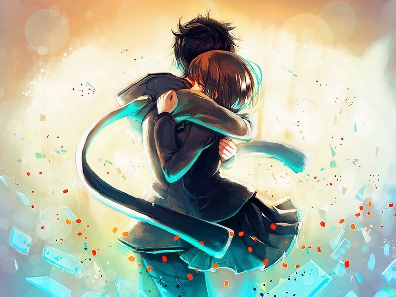 Two Anime Characters Hugging — Blue, Dramatic, Digital Art, Hug