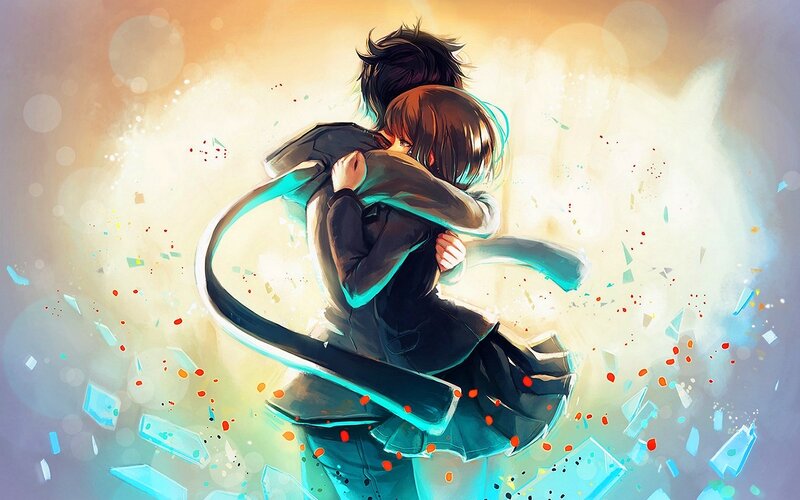Two Anime Characters Hugging — Blue, Dramatic, Digital Art