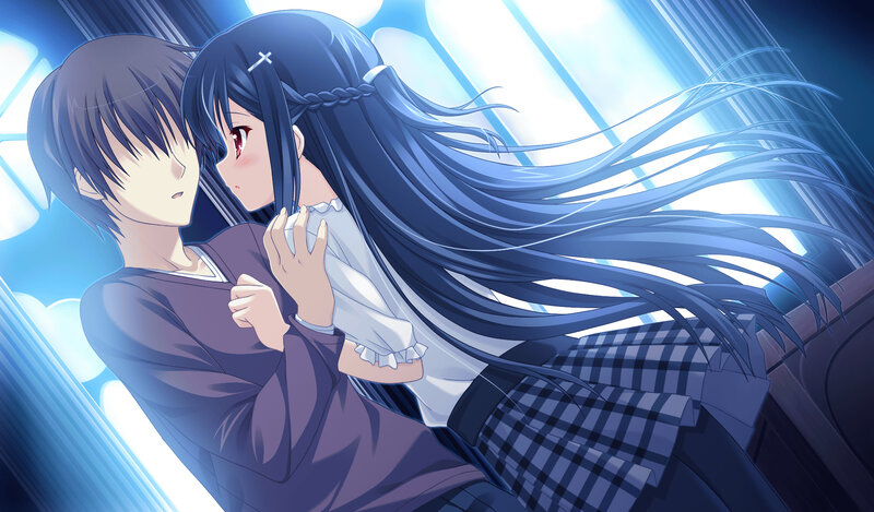 Two Anime Characters Hugging — Blue, Dramatic, Long Hair