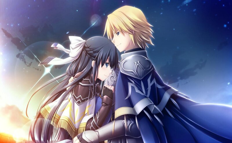 Two Anime Characters Hugging — Blue, Dramatic, Night, Armor