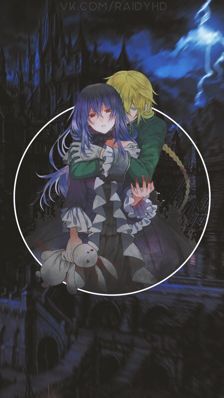 Two Anime Characters Hugging — Blue, Dramatic, Night, Castle, Storm