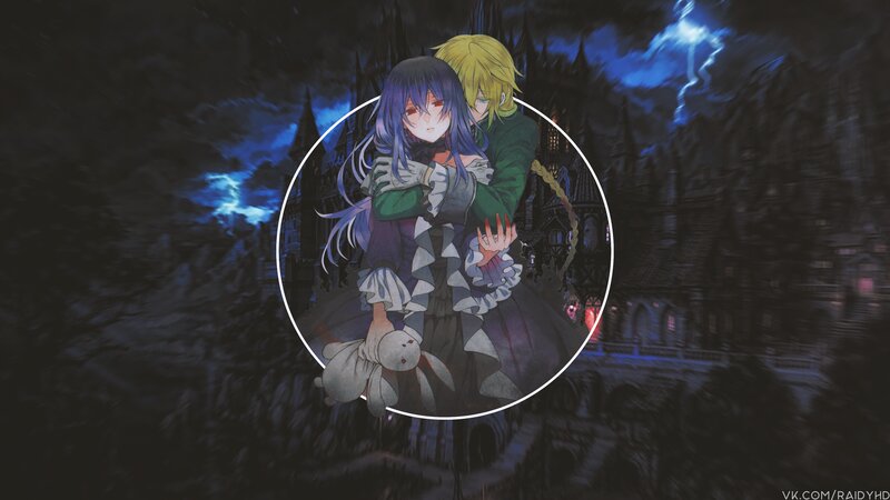 Two Anime Characters Hugging — Blue, Dramatic, Night, Castle