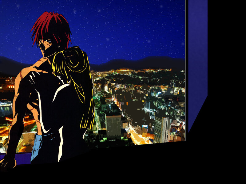 Two Anime Characters Hugging — Blue, Dramatic, Night, Cityscape