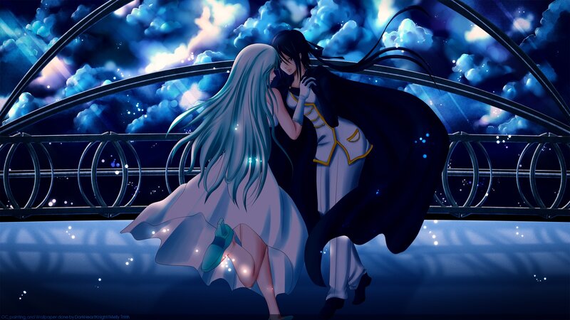 Two Anime Characters Hugging — Blue, Dramatic, Night, Digital Art