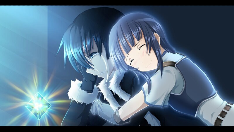 Two Anime Characters Hugging — Blue, Dramatic, Night, Glowing Crystal