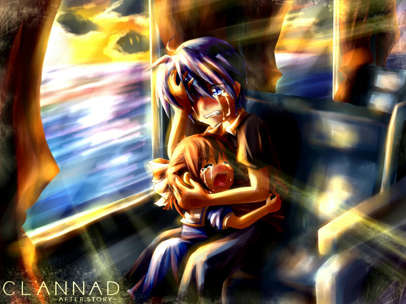 Two Anime Characters Hugging — Blue, Dramatic, Sunset