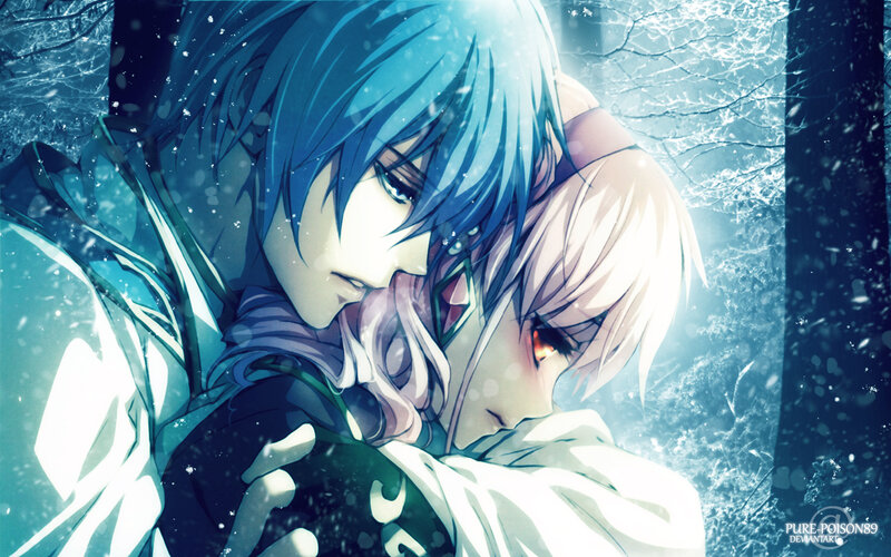 Two Anime Characters Hugging — Blue, Dramatic, Winter