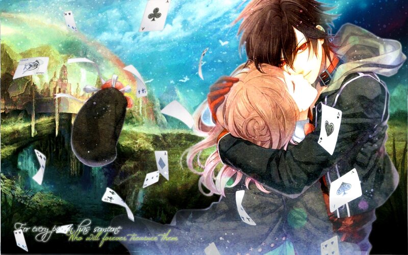 Two Anime Characters Hugging — Blue, Dreamy, Playing Cards