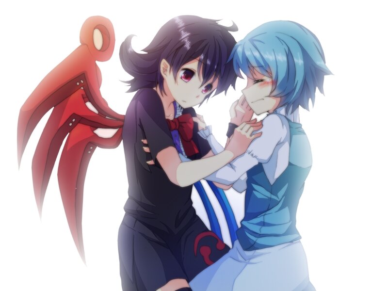 Two Anime Characters Hugging — Blue, Intimate, Red Wings