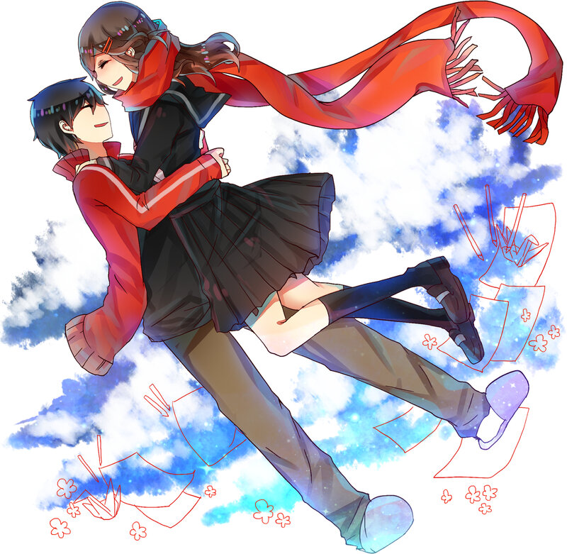 Two Anime Characters Hugging — Blue, Joyful, Scarf