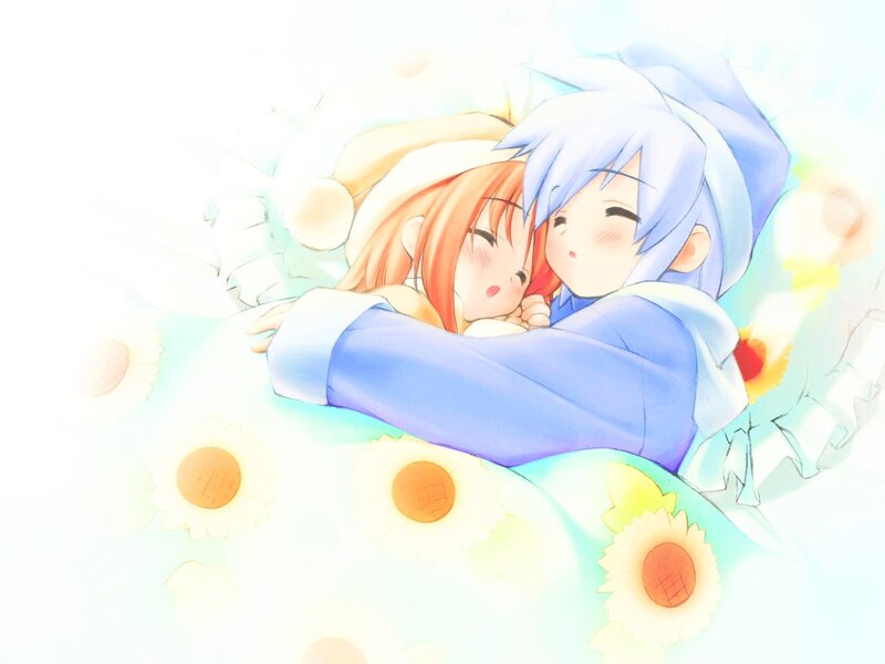 Two Anime Characters Hugging — Blue, Peaceful, Morning