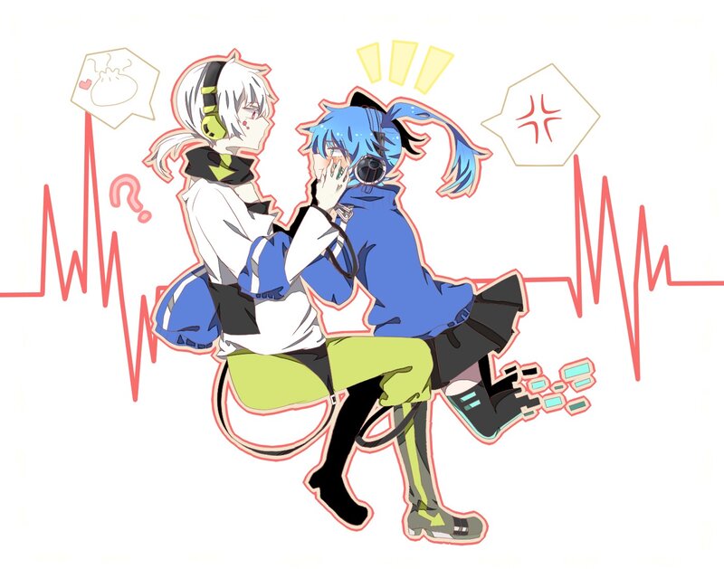 Two Anime Characters Hugging — Blue, Playful, Headphones, Heart Rate Line