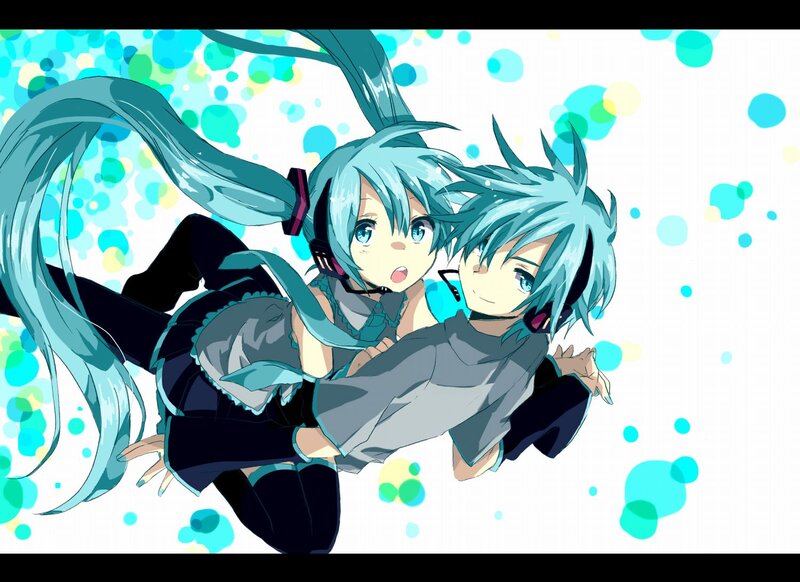 Two Anime Characters Hugging — Blue, Playful, Headphones