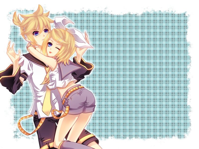 Two Anime Characters Hugging — Blue, Playful, Plaid Background