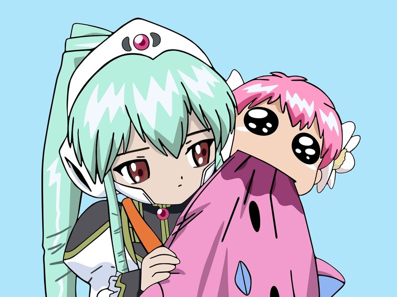 Two Anime Characters Hugging — Blue, Playful