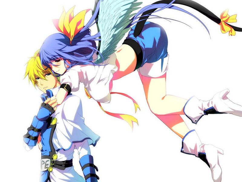 Two Anime Characters Hugging — Blue, Playful, Wings