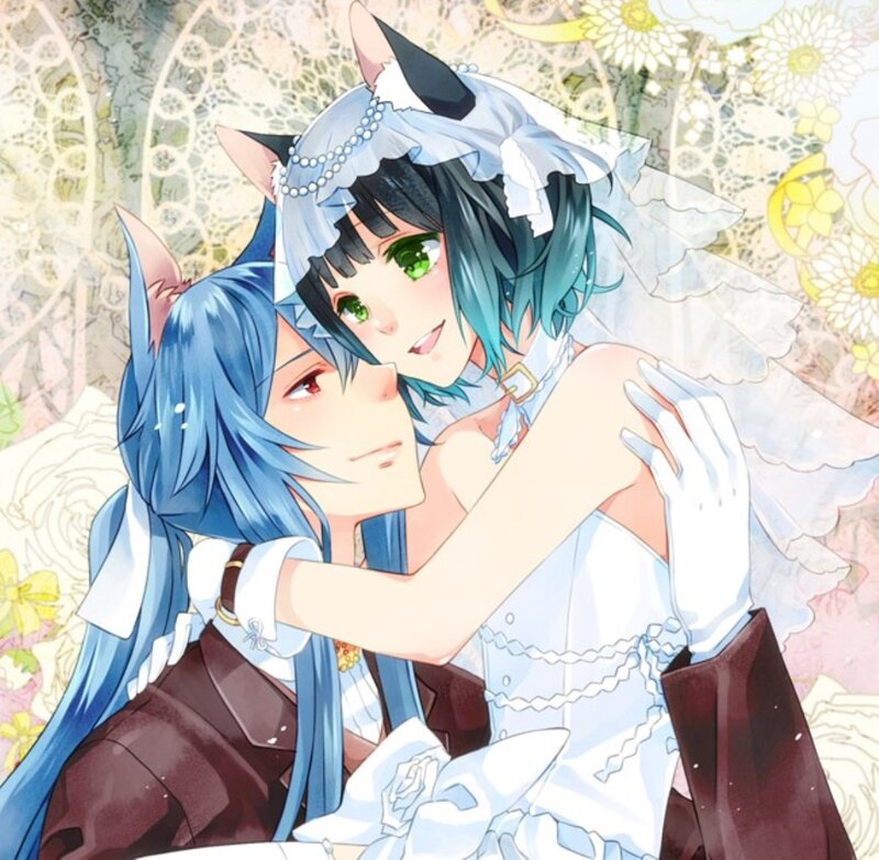 Two Anime Characters Hugging — Blue, Romantic, Cat Ears