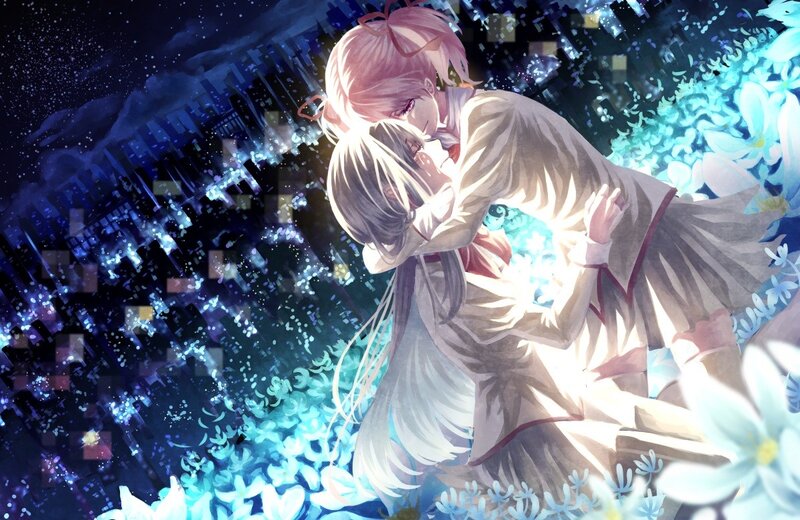 Two Anime Characters Hugging — Blue, Romantic, Night, Digital Art