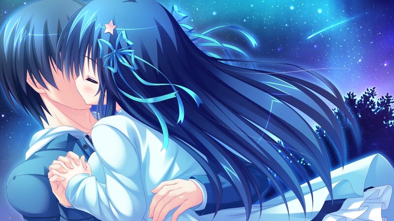 Two Anime Characters Hugging — Blue, Romantic, Night, Stars