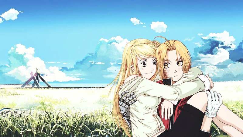 Two Anime Characters Hugging — Blue, Serene, Afternoon, Grass Field, Sky