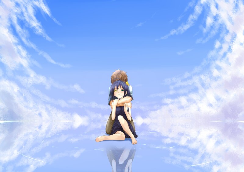 Two Anime Characters Hugging — Blue, Serene, Clouds