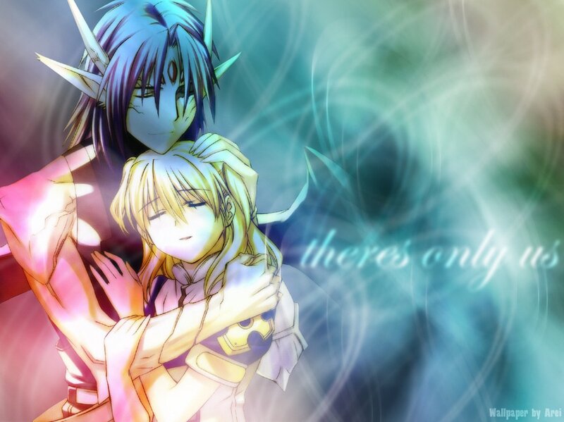 Two Anime Characters Hugging — Blue, Serene, Spiky Hair