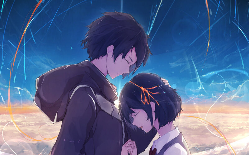 Two Anime Characters Hugging — Blue, Serene, Sunset