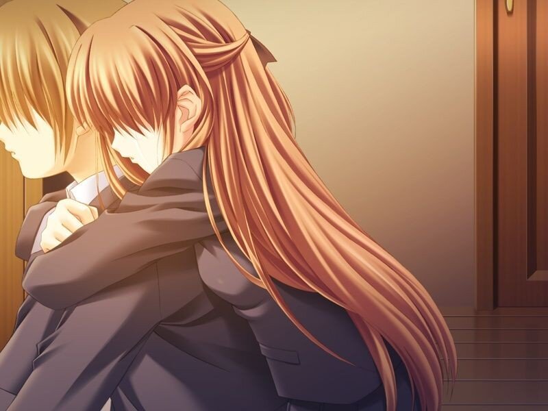 Two Anime Characters Hugging — Brown, Intimate, School Uniform