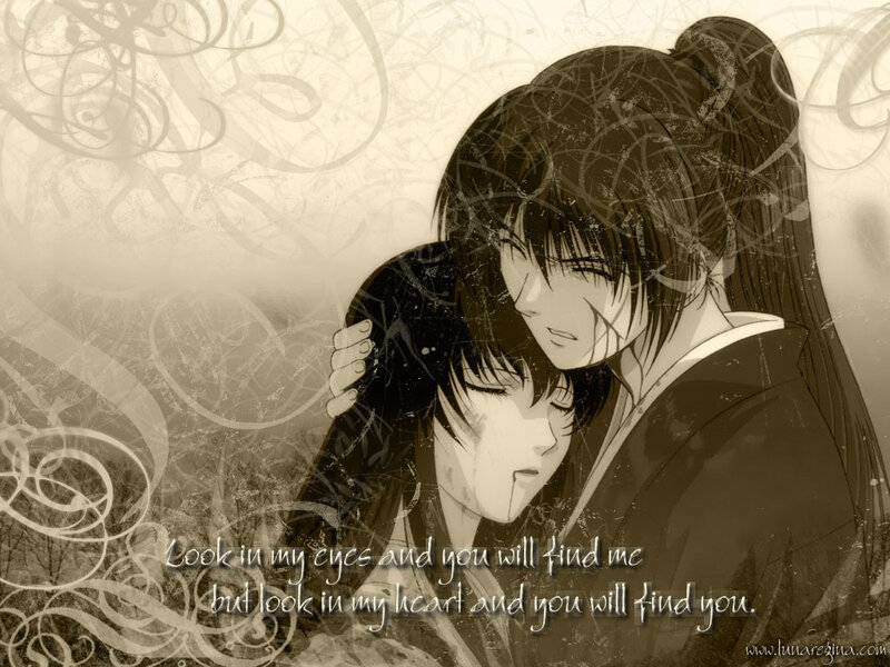 Two Anime Characters Hugging — Brown, Melancholic, Text