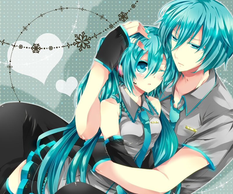 Two Anime Characters Hugging — Cyan, Affectionate, Hearts