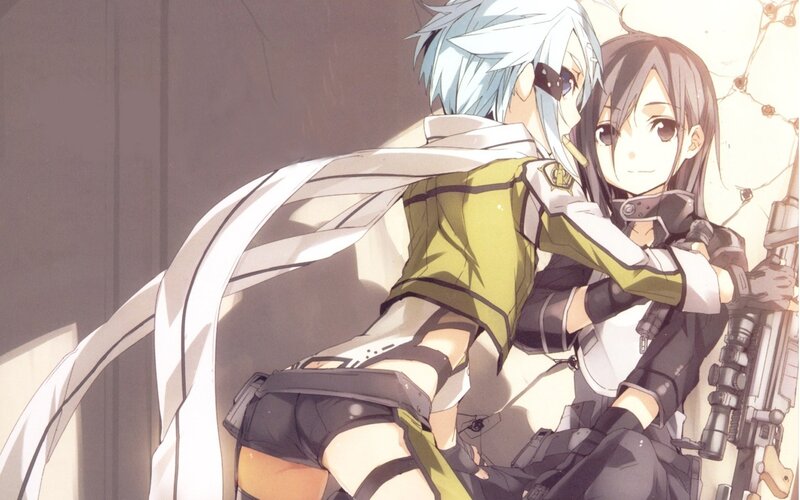 Two Anime Characters Hugging — Green, Intimate, Gun