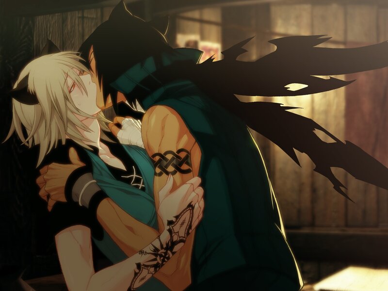 Two Anime Characters Hugging — Green, Intimate, Night