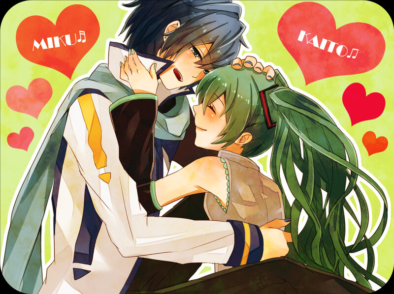 Two Anime Characters Hugging — Green, Romantic, Hearts