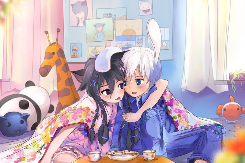 Two Anime Characters Hugging — Pink, Cozy