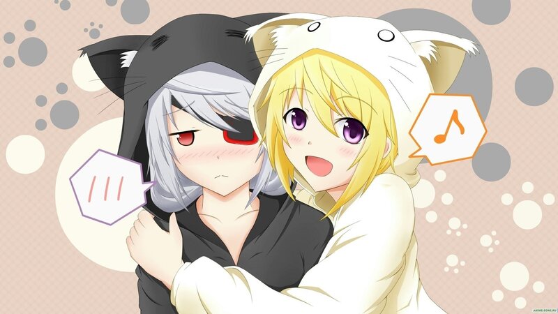 Two Anime Characters Hugging — Pink, Playful, Cat Ears