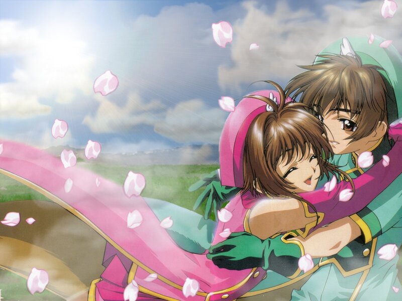 Two Anime Characters Hugging — Pink, Serene, Spring, Cherry Blossoms, Sky