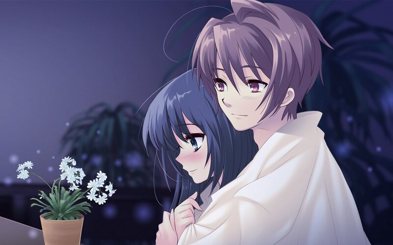 Two Anime Characters Hugging — Purple, Calm, Night, Flowers