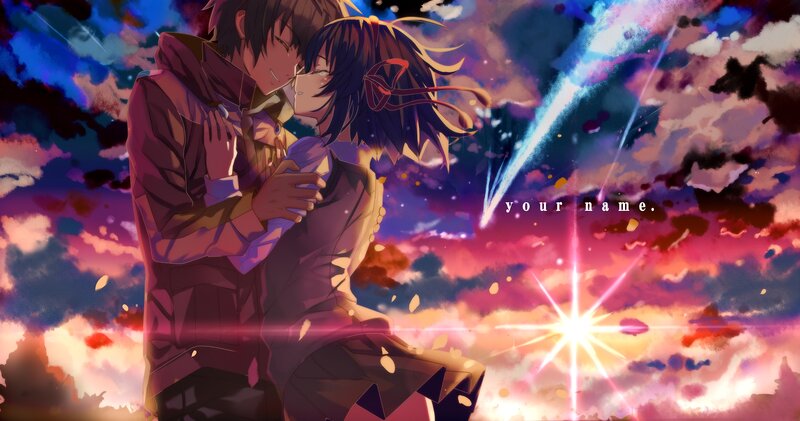 Two Anime Characters Hugging — Purple, Dramatic, Night, Sky