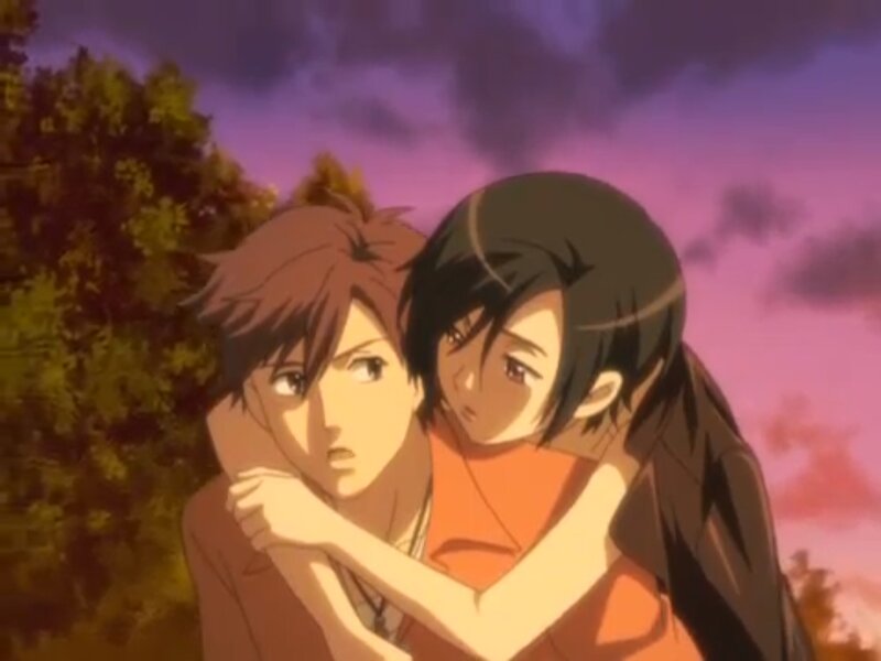 Two Anime Characters Hugging — Purple, Dramatic, Sunset