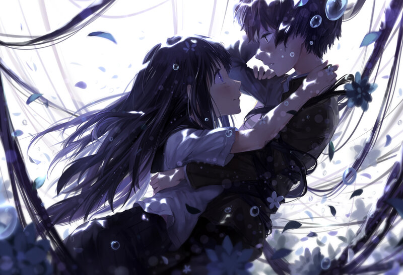 Two Anime Characters Hugging — Purple, Dreamy, Flowers