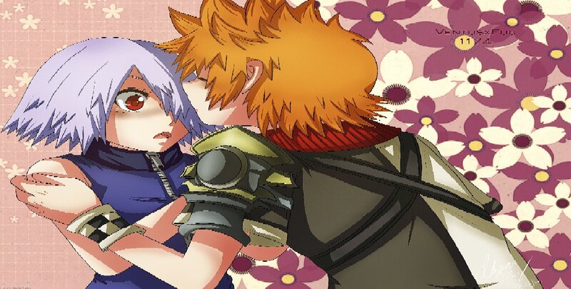 Two Anime Characters Hugging — Purple, Romantic, Flowers