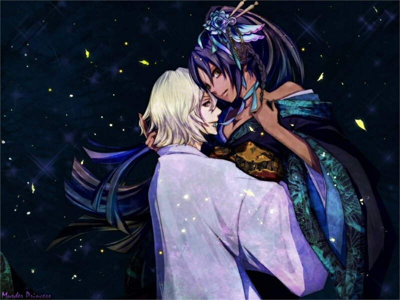 Two Anime Characters Hugging — Purple, Romantic, Night, Stars