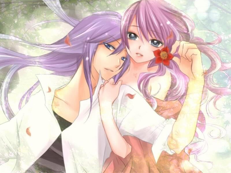 Two Anime Characters Hugging — Purple