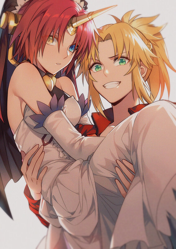 Two Anime Characters Hugging — Red, Affectionate, Horned Character