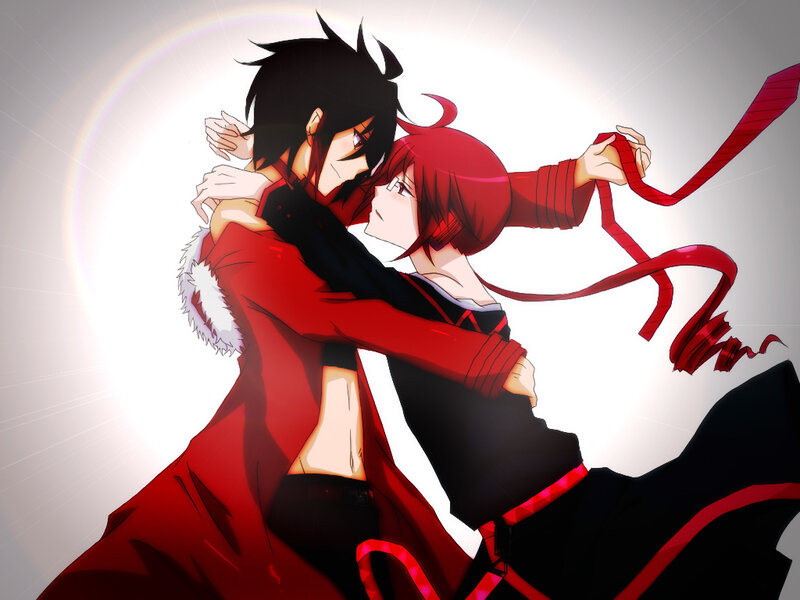 Two Anime Characters Hugging — Red, Dramatic, Red Ribbons