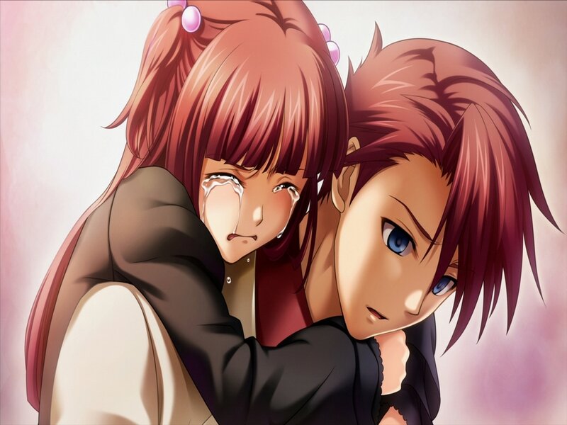 Two Anime Characters Hugging — Red, Emotional